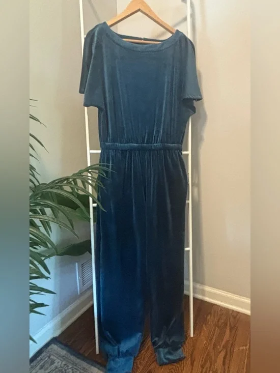 Anthropologie Velvet Jumpsuit in Teal Blue - Picture 5 of 12